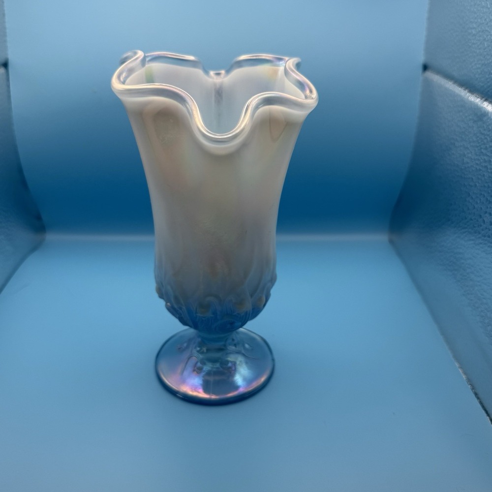 Vintage Iridescent Opalescent Art Glass Vase‎ Blue Ruffled Rim Pedestal 8"